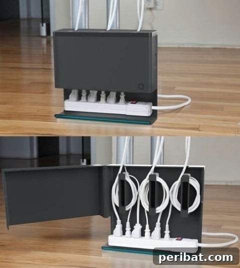 Cable organizer box hiding tangled wires and power strips under a desk