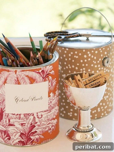 Collection of repurposed containers like paint cans, tins, and mason jars for storage