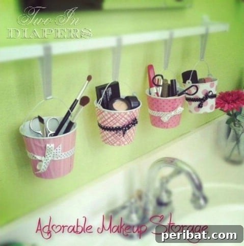 Cute DIY fabric hanging organizer for small makeup items and brushes