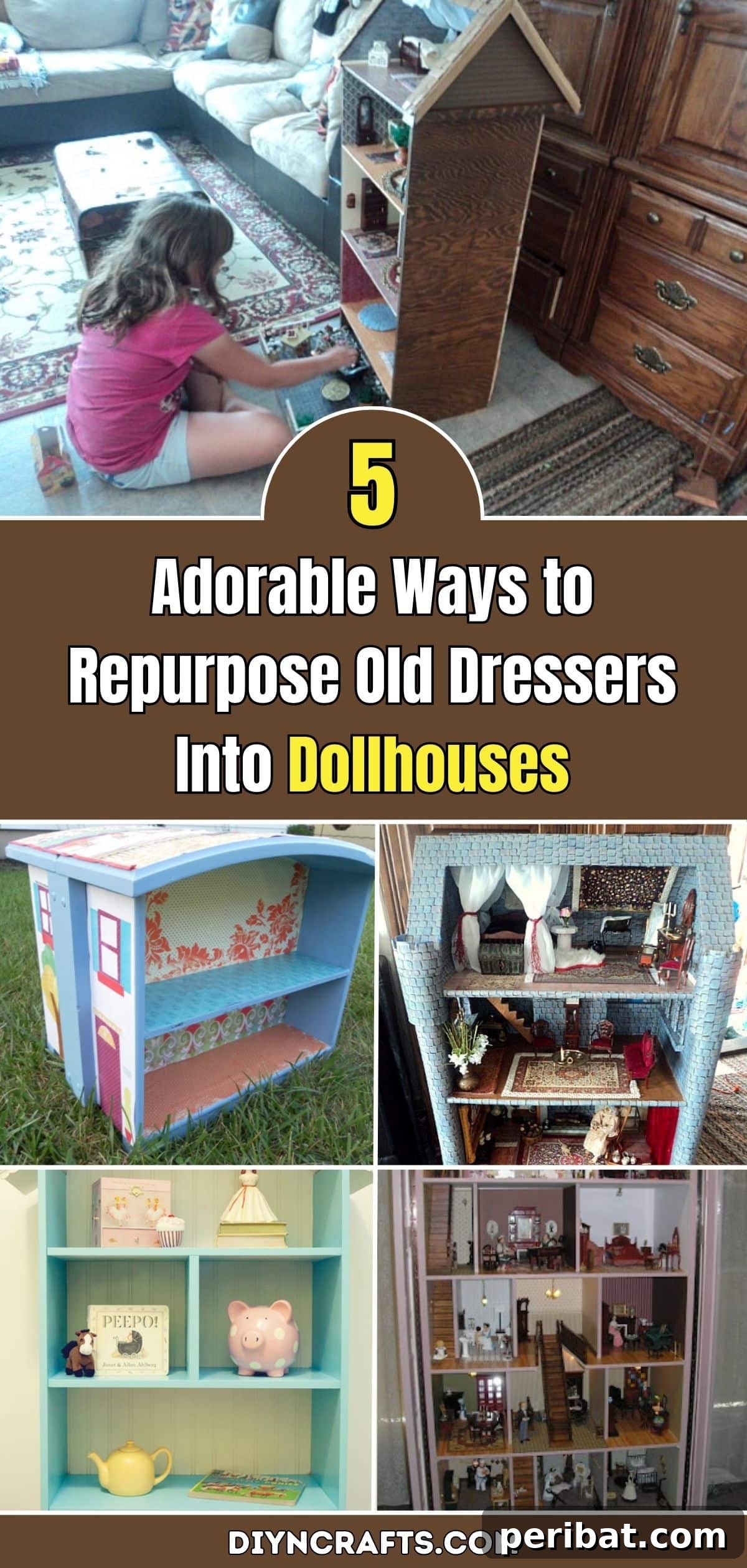 5 Adorable Ways to Repurpose Old Dressers Into Dollhouses pinterest image