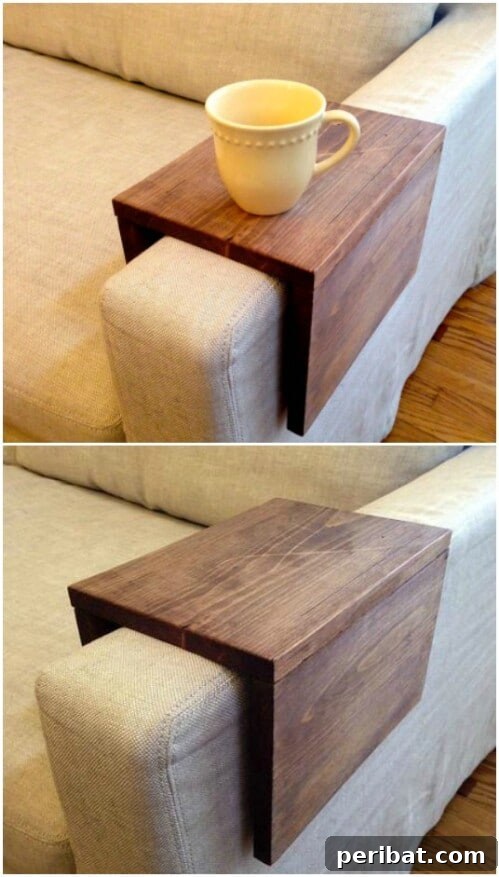 Reclaimed Wood Wonders for a Stylish Sustainable Home 19 Wood shelf designed to fit over a couch arm