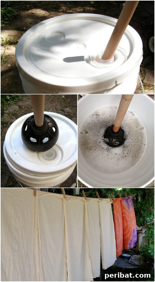 55+ Ultimate Camping Hacks to Master the Wilderness 11 A DIY camping washing machine made from a five-gallon bucket and a plunger for cleaning clothes outdoors.
