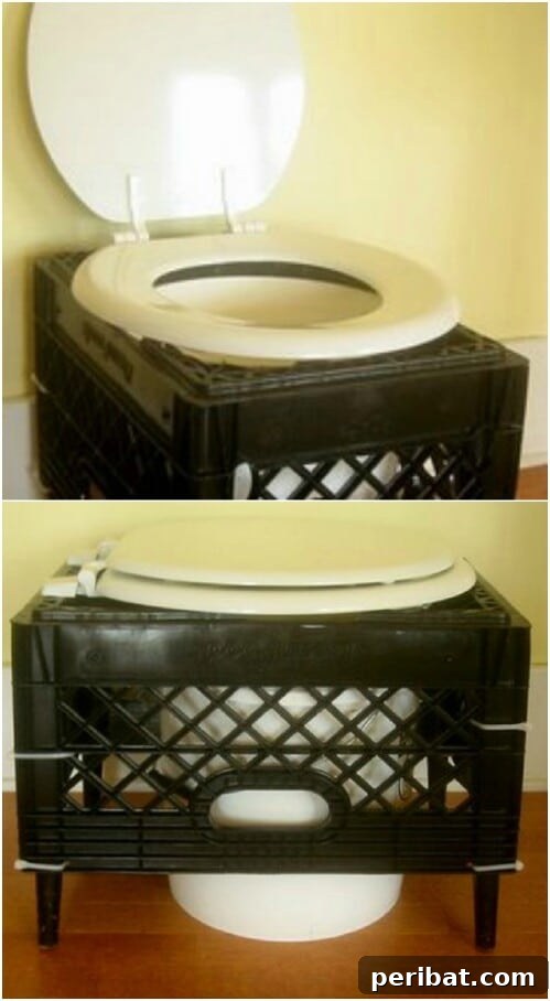 55+ Ultimate Camping Hacks to Master the Wilderness 17 A simple DIY camping toilet using a milk crate, a five-gallon bucket, and a toilet seat.