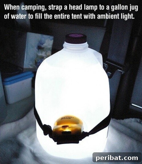 55+ Ultimate Camping Hacks to Master the Wilderness 4 Create a powerful lantern by strapping a headlamp to a gallon jug of water for diffused light.