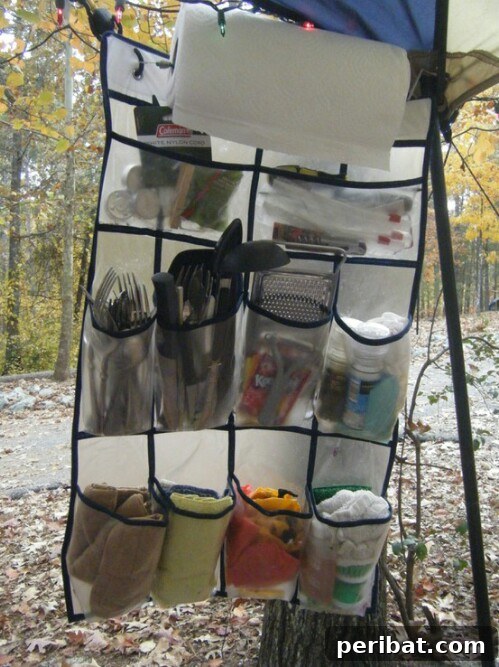 55+ Ultimate Camping Hacks to Master the Wilderness 39 Repurpose a hanging shoe organizer to store and organize kitchen utensils at your campsite, keeping them handy.