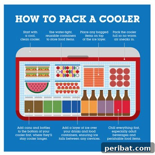 55+ Ultimate Camping Hacks to Master the Wilderness 43 A visual guide showing how to pack a cooler efficiently to keep food cold and maximize space.