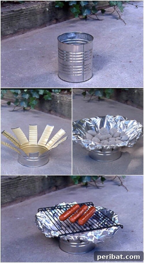 55+ Ultimate Camping Hacks to Master the Wilderness 52 An empty tin can converted into a compact grill, perfect for cooking burgers or hot dogs in a pinch.