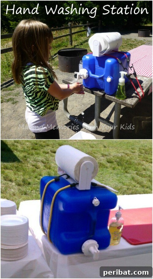 55+ Ultimate Camping Hacks to Master the Wilderness 9 A DIY handwashing station made from an old laundry detergent bottle for campsite hygiene.