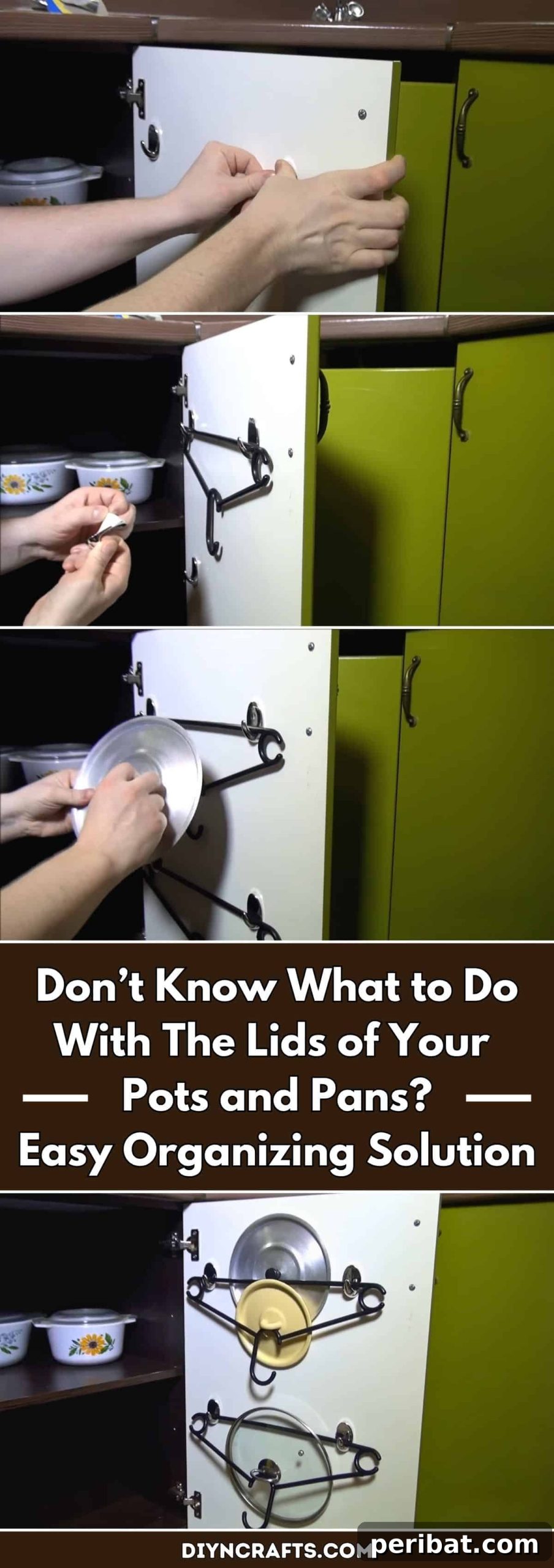 End Pot Lid Clutter: Clever Organizing Solutions 2 Don’t Know What to Do With The Lids of Your Pots and Pans? Easy Organizing Solution pinterest image