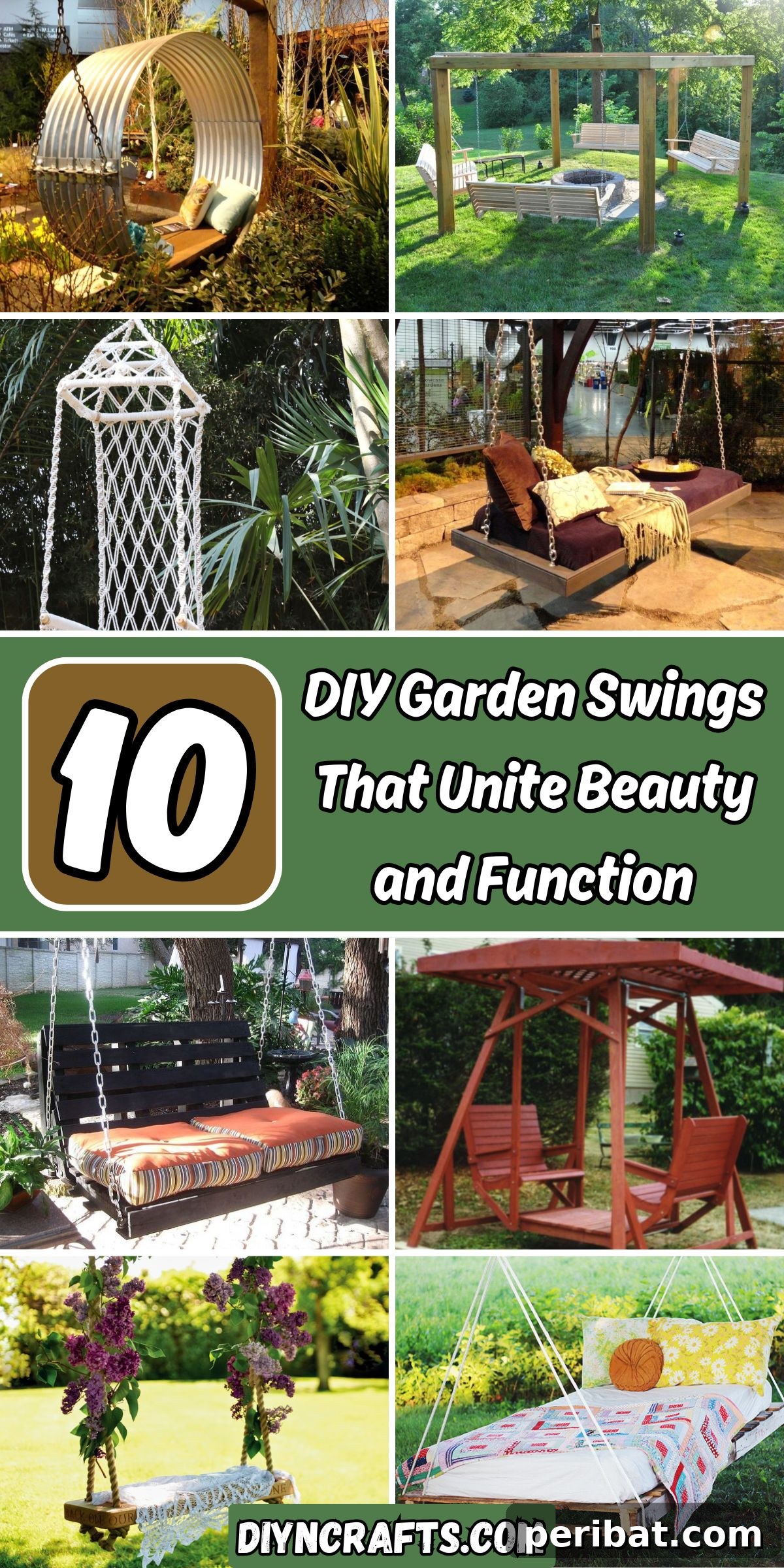 A beautiful collage showcasing 10 DIY Garden Swings that blend aesthetic appeal with practical use, perfect for enhancing any outdoor space.