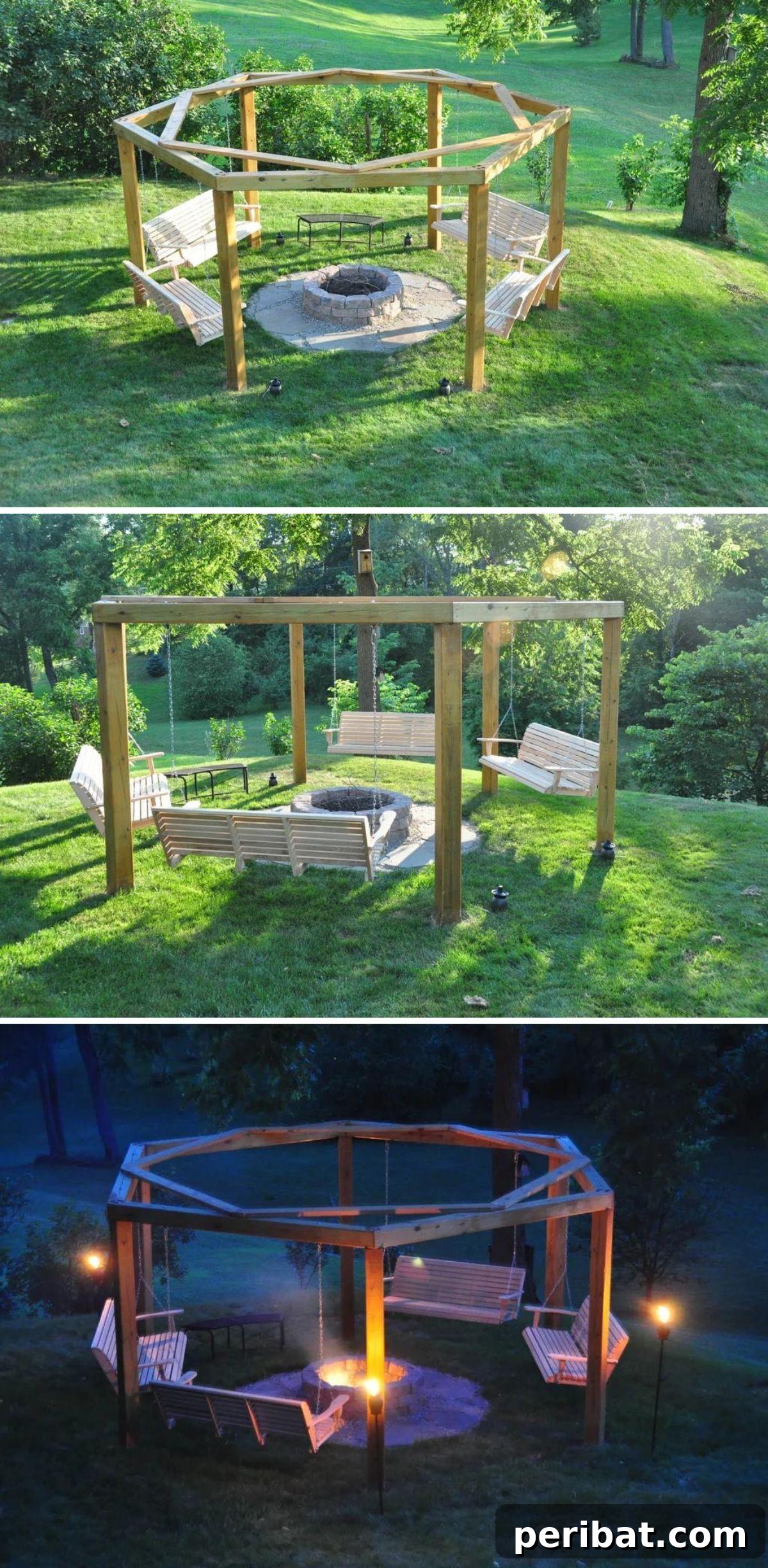 A unique porch swing configuration encircling a fire pit, designed for social gatherings and cozy outdoor conversations.