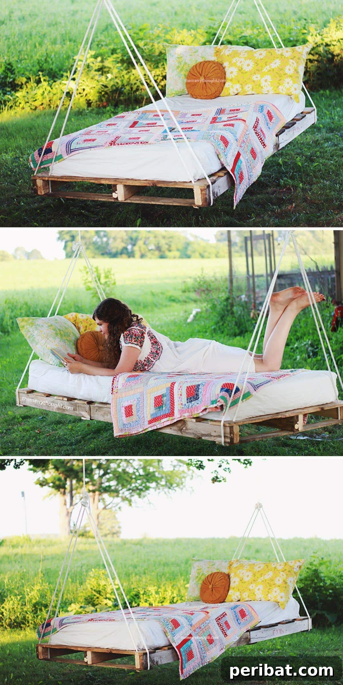 A large, cozy relaxing swing bed, ideal for naps and lounging in the garden, adorned with bright pillows.