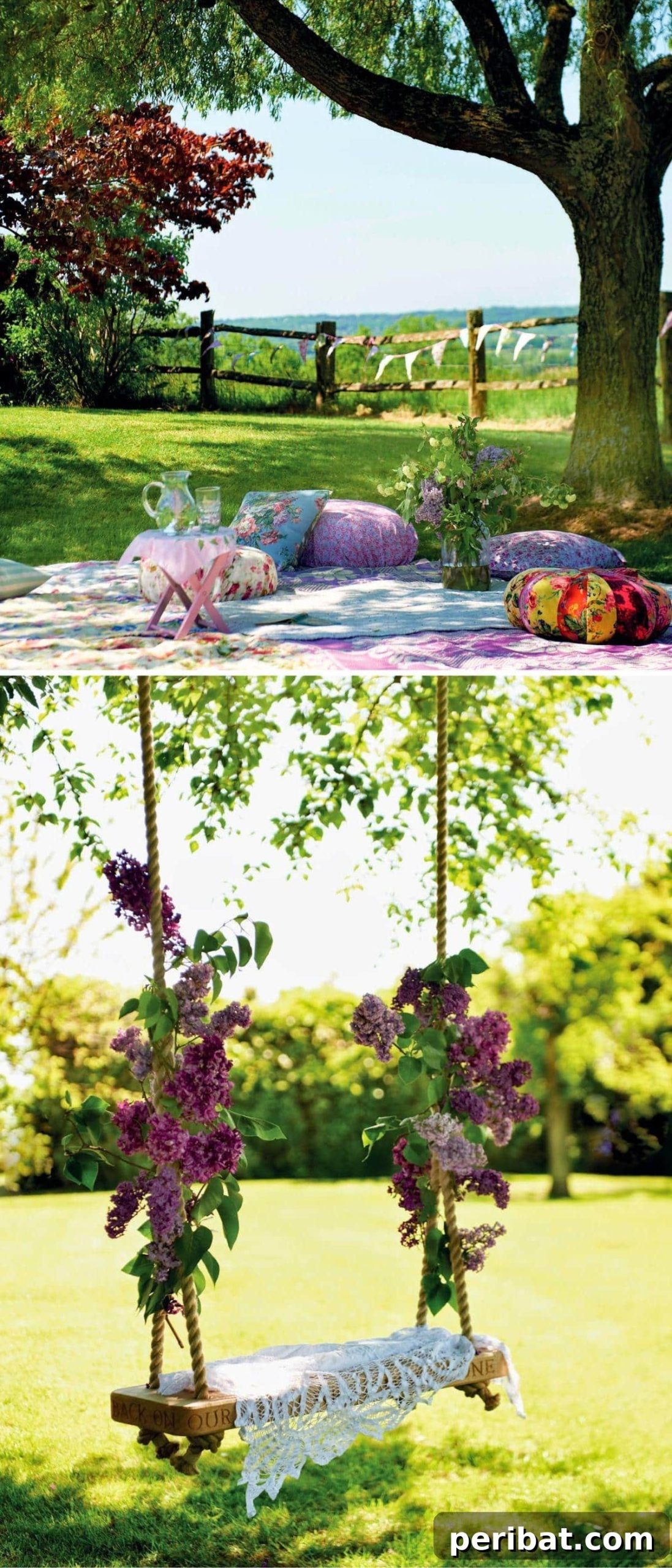 A simple yet elegant garden swing decorated with delicate lace and fresh lilacs, creating a romantic outdoor setting.
