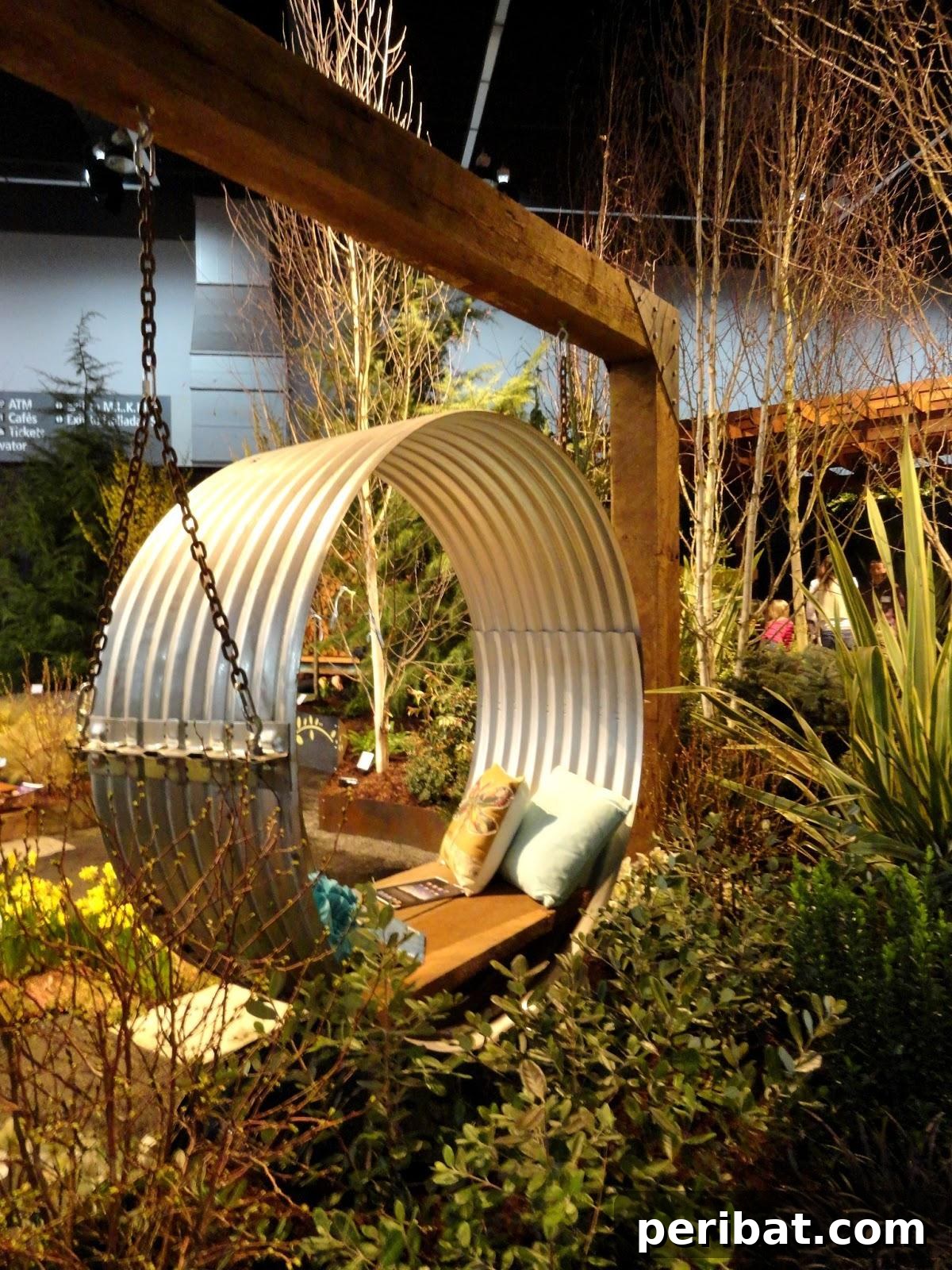 A unique swinging bench featuring an integrated shade structure, providing a cozy and cool spot in the garden.