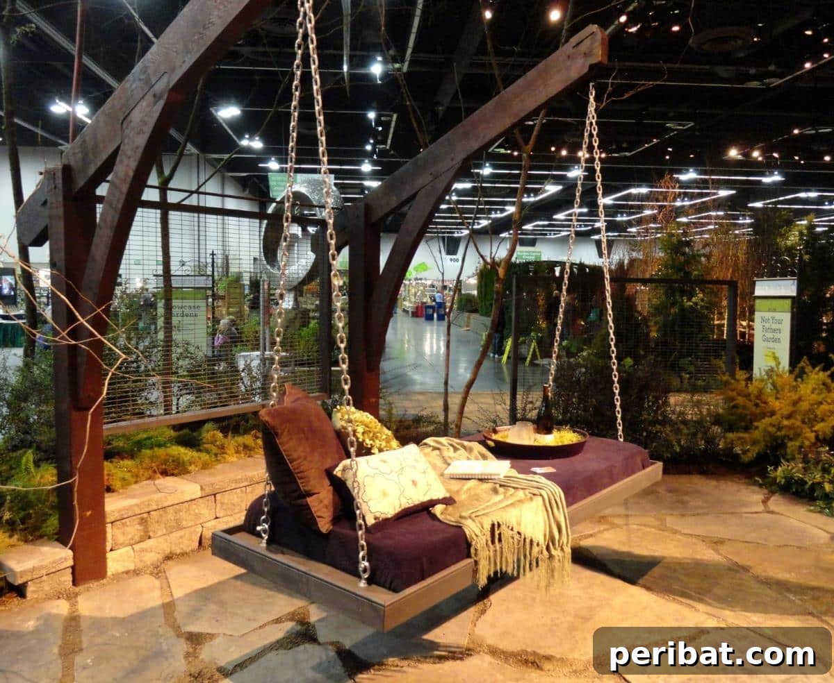 A stylish patio swing that converts into a bed, featuring bold colors and an open design, perfect for contemporary outdoor spaces.