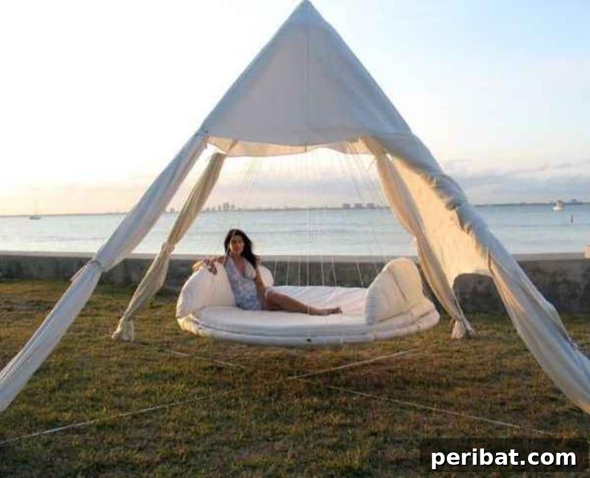 A luxurious and spacious floating bed designed for ultimate outdoor relaxation, large enough for multiple people.