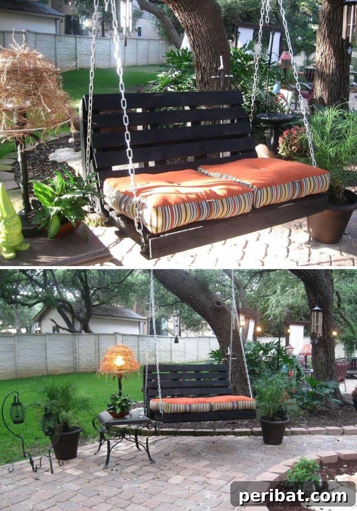 A creative garden swing constructed from repurposed pallets, featuring vibrant cushions against a dark painted frame, with a lamp and table nearby.