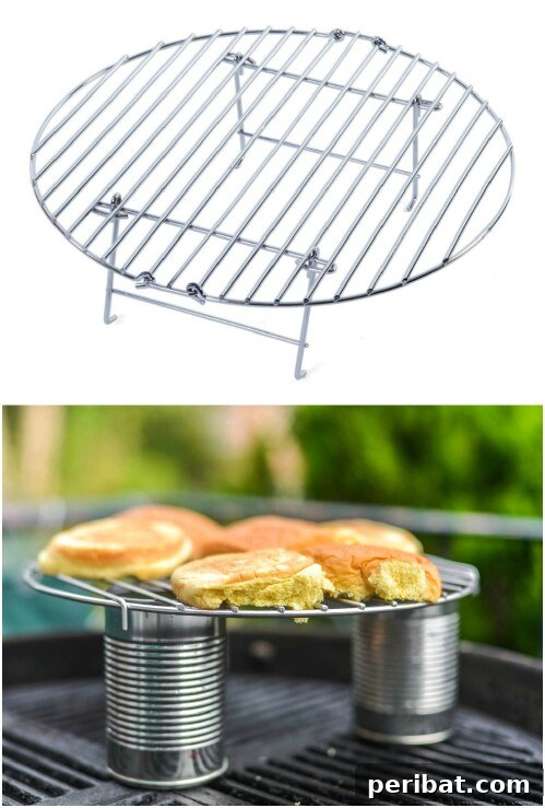 Grilling Game Changers Smart Hacks for Your Best BBQ Ever 16 DIY warming rack created with a small grate and tin cans on a charcoal grill