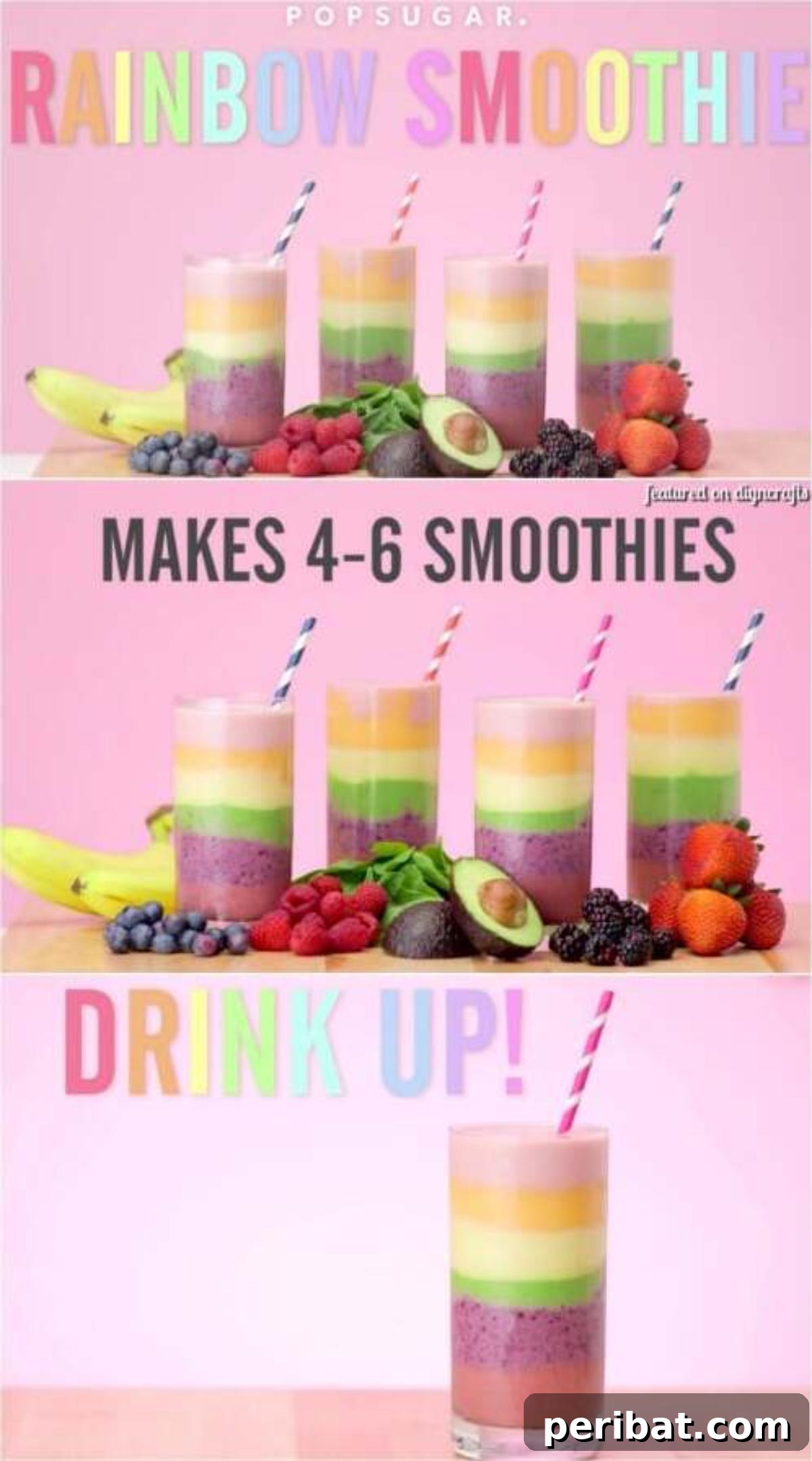 Silky Rainbow Smoothie: A Taste of Bliss 2 A vibrant, layered Rainbow Smoothie recipe in a clear glass, showing distinct colorful fruit layers, perfect for a refreshing summer drink.