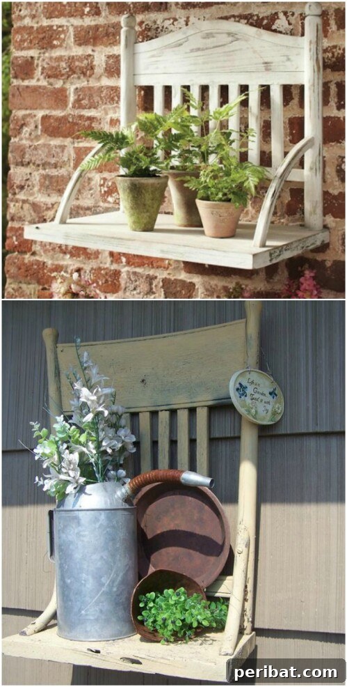 Chair Reinvention: Ingenious Ways to Give Old Seats New Purpose 11 Rustic garden shelf made from a repurposed chair