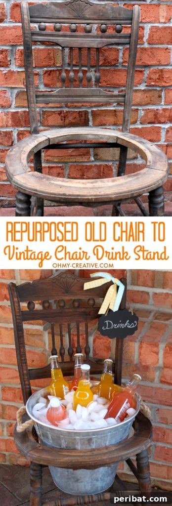 Chair Reinvention: Ingenious Ways to Give Old Seats New Purpose 12 Repurposed chair used as a rustic outdoor drink stand