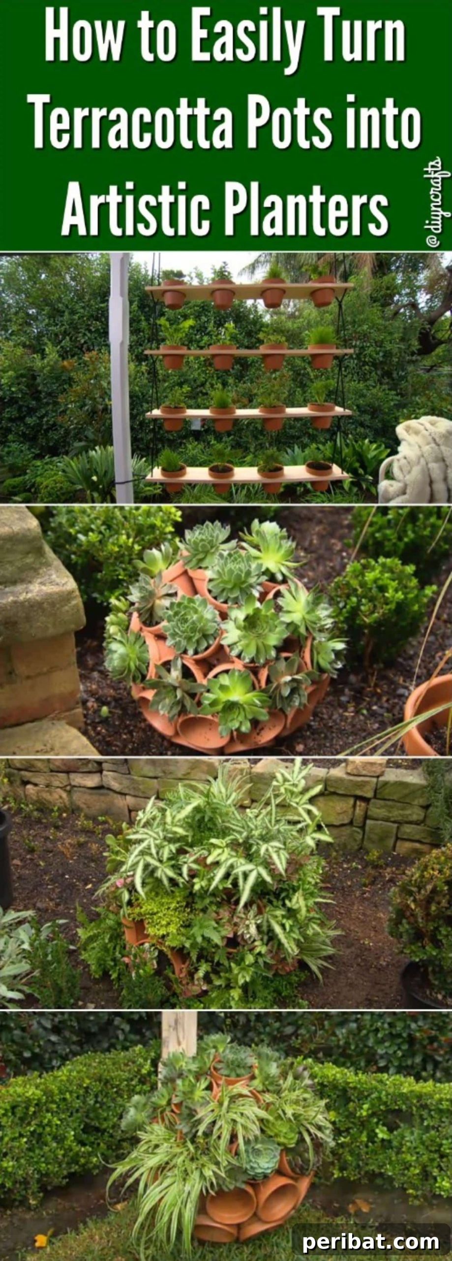 Creative Terracotta Pot Makeovers 2 Two artistic terracotta pot planters showcasing DIY garden creativity. One is a unique sphere design, the other is a stacked vertical planter, perfect for small space gardening.