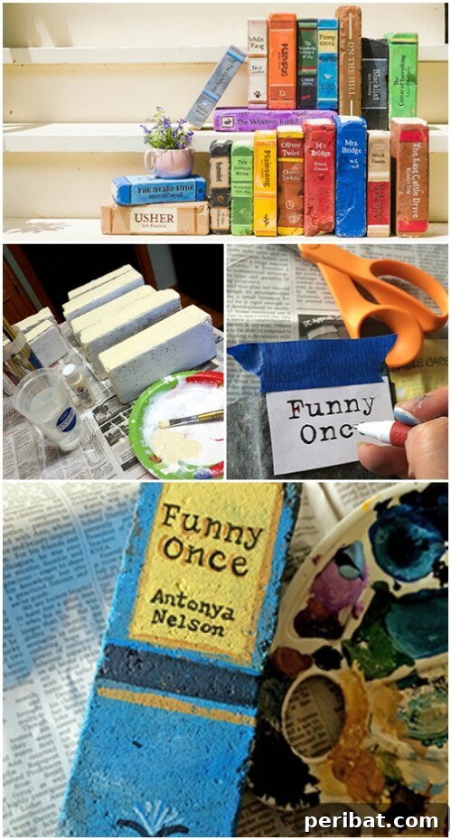 20 Brilliant Second Acts for Your Old Bricks 13 Painted bricks resembling books, used as garden decorations.