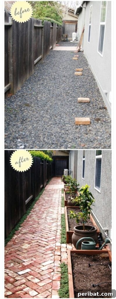 20 Brilliant Second Acts for Your Old Bricks 15 A narrow side yard transformed into a brick and gravel walkway with plants.