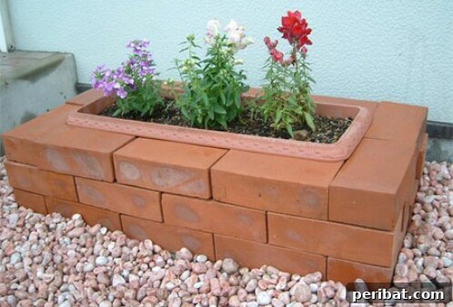 20 Brilliant Second Acts for Your Old Bricks 17 A patio with various potted plants, some in simple brick-stacked raised planters.