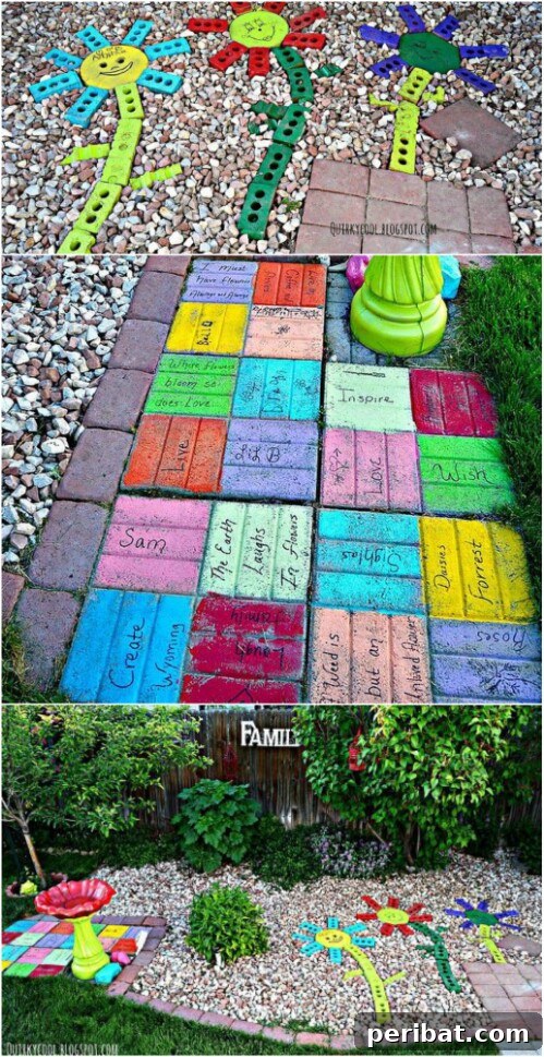 20 Brilliant Second Acts for Your Old Bricks 9 Painted bricks used as colorful yard art or pathway markers.
