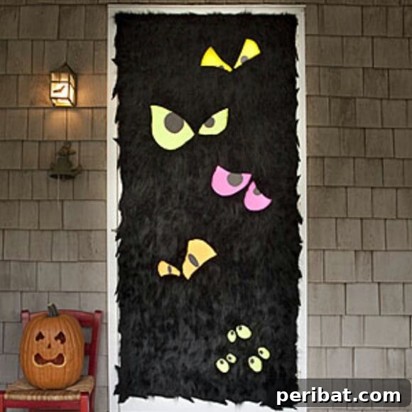 30 Monstrous Ways to Welcome Trick-or-Treaters: Doors & Wreaths for Halloween 10 Black Door Decoration with Multiple Glowing Eyes
