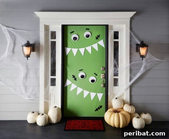 30 Monstrous Ways to Welcome Trick-or-Treaters: Doors & Wreaths for Halloween 12 Doorway Decorated with Adorable Green Halloween Monsters