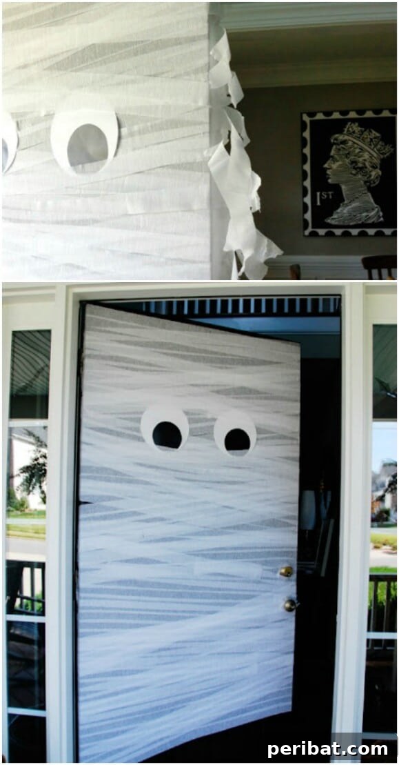 30 Monstrous Ways to Welcome Trick-or-Treaters: Doors & Wreaths for Halloween 13 DIY Mummy Front Door Decoration for Halloween