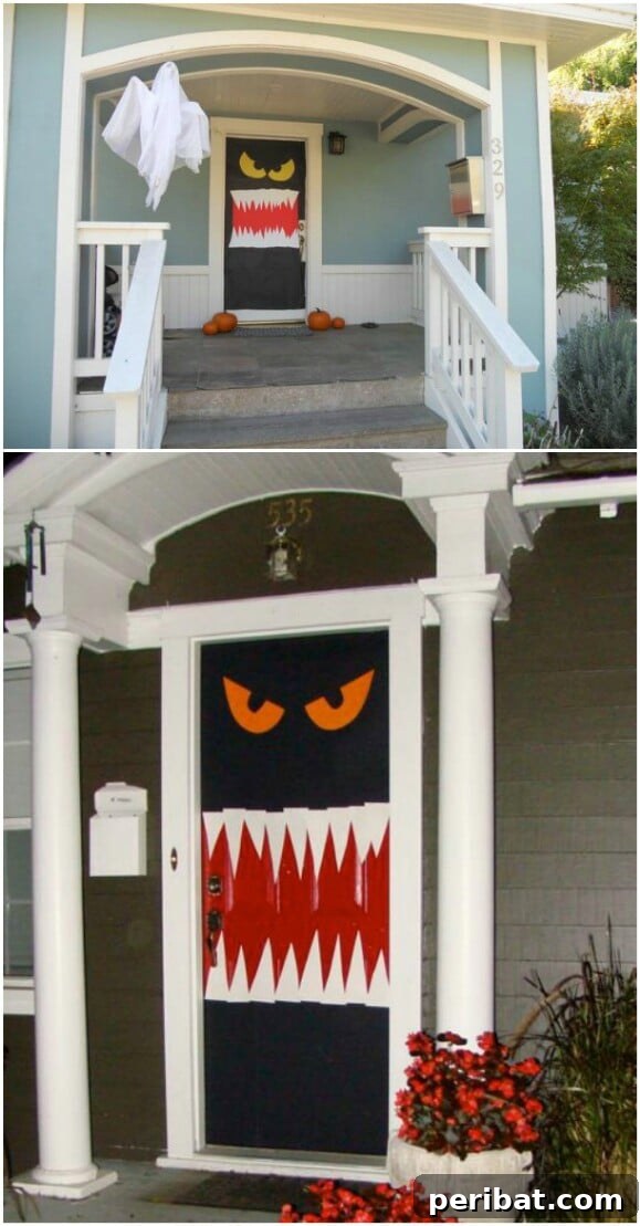 30 Monstrous Ways to Welcome Trick-or-Treaters: Doors & Wreaths for Halloween 14 Aggressive Monster Door Decoration with Sharp Teeth
