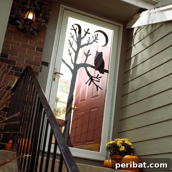 30 Monstrous Ways to Welcome Trick-or-Treaters: Doors & Wreaths for Halloween 15 Halloween Owl Silhouette on Glass Door