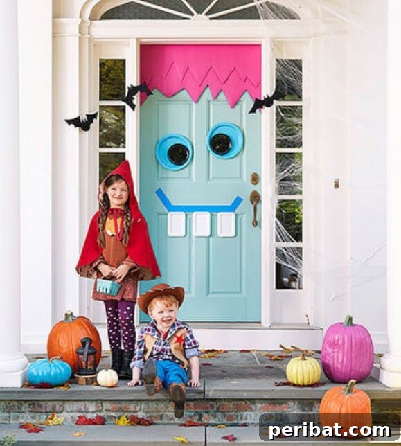 30 Monstrous Ways to Welcome Trick-or-Treaters: Doors & Wreaths for Halloween 16 Cute Monster Door Decoration made from Plastic Plates and Poster Board