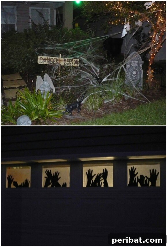 30 Monstrous Ways to Welcome Trick-or-Treaters: Doors & Wreaths for Halloween 17 Backlit Reaching Hands in Garage Windows Halloween Decoration