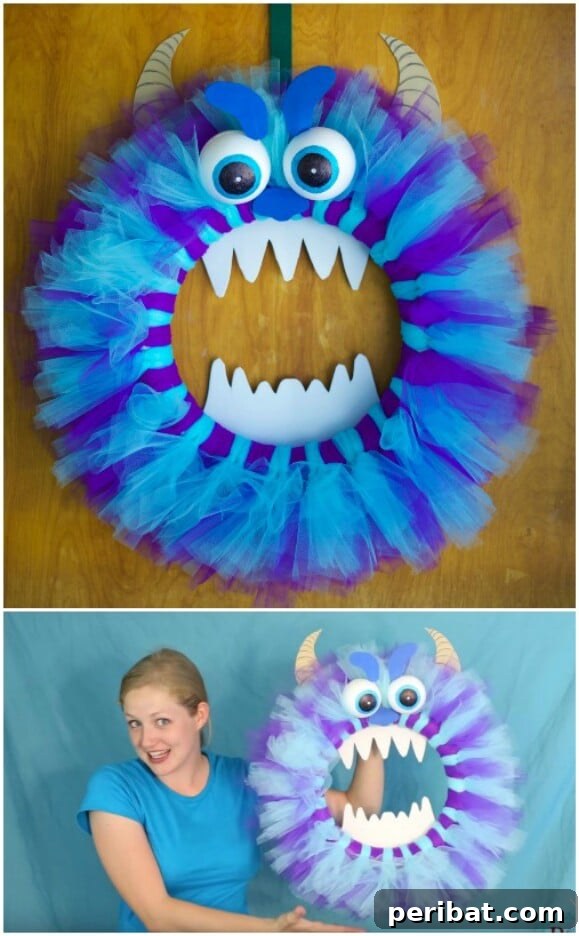 30 Monstrous Ways to Welcome Trick-or-Treaters: Doors & Wreaths for Halloween 19 Adorable Fluffy Green Monster Wreath with Googly Eyes