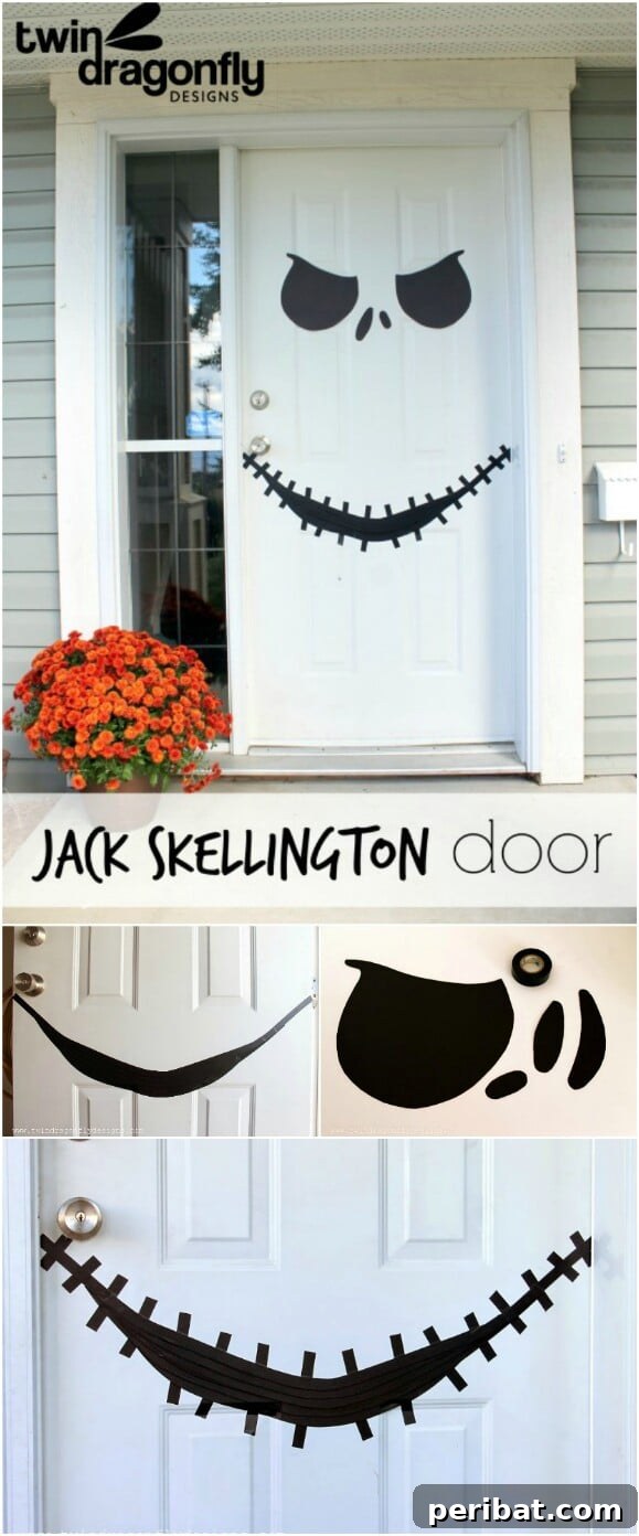 30 Monstrous Ways to Welcome Trick-or-Treaters: Doors & Wreaths for Halloween 2 Jack Skellington Halloween Door Decoration with Free Printable