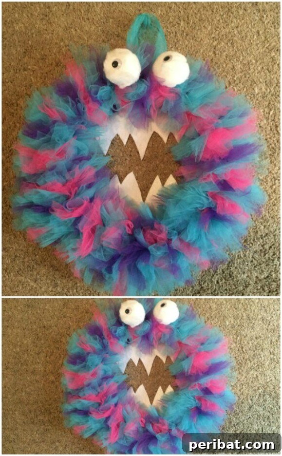 30 Monstrous Ways to Welcome Trick-or-Treaters: Doors & Wreaths for Halloween 21 Green Monster Wreath with Large Googly Eyes