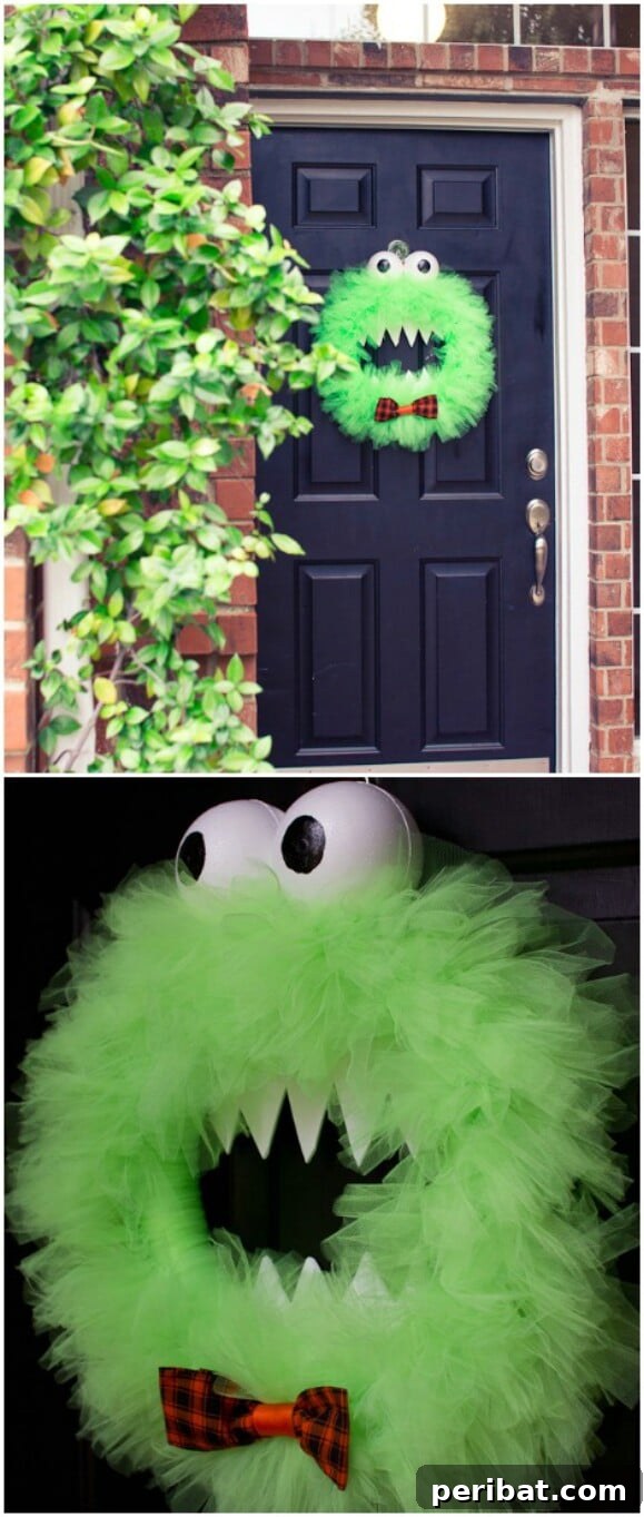 30 Monstrous Ways to Welcome Trick-or-Treaters: Doors & Wreaths for Halloween 22 Cute Green Monster Wreath with a Bow-Tie