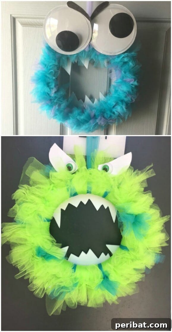 30 Monstrous Ways to Welcome Trick-or-Treaters: Doors & Wreaths for Halloween 24 Fearsome Green Tulle Monster Wreath with Sharp Teeth