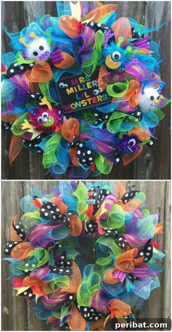30 Monstrous Ways to Welcome Trick-or-Treaters: Doors & Wreaths for Halloween 28 Colorful Wreath with Multiple Small Monsters for Halloween or Parties