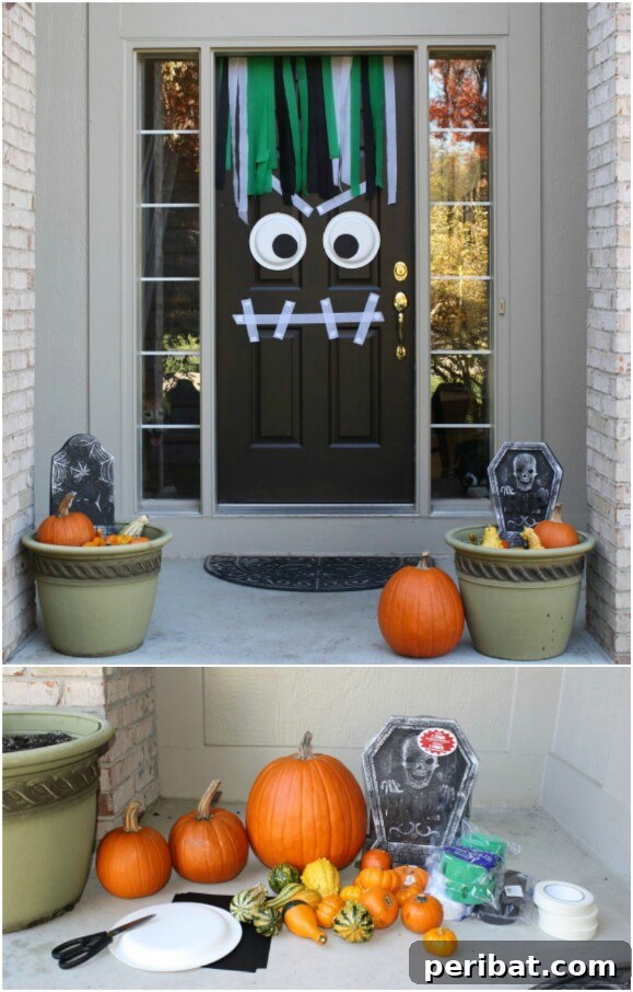 30 Monstrous Ways to Welcome Trick-or-Treaters: Doors & Wreaths for Halloween 3 DIY Halloween Monster Door with Streamers and Paper Plates