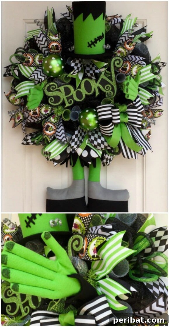 30 Monstrous Ways to Welcome Trick-or-Treaters: Doors & Wreaths for Halloween 30 Frankenstein's Monster Deco Mesh Halloween Wreath