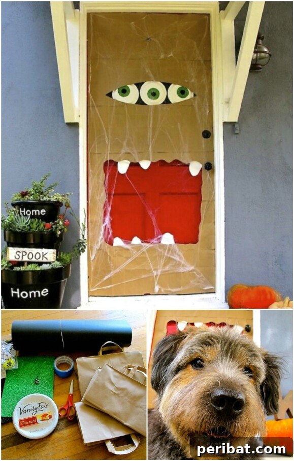 30 Monstrous Ways to Welcome Trick-or-Treaters: Doors & Wreaths for Halloween 4 Three-Eyed Monster Door Made from Recycled Paper Bags
