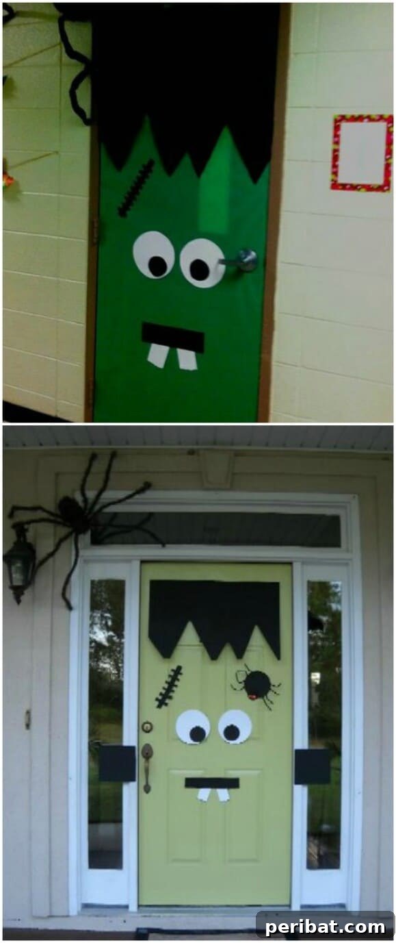 30 Monstrous Ways to Welcome Trick-or-Treaters: Doors & Wreaths for Halloween 8 DIY Frankenstein's Monster Halloween Door Decor