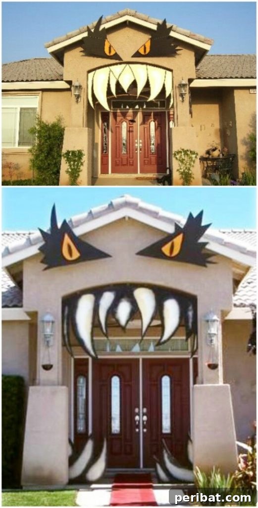 30 Monstrous Ways to Welcome Trick-or-Treaters: Doors & Wreaths for Halloween 9 Monster House Halloween Decoration with Sheltered Porch Entrance