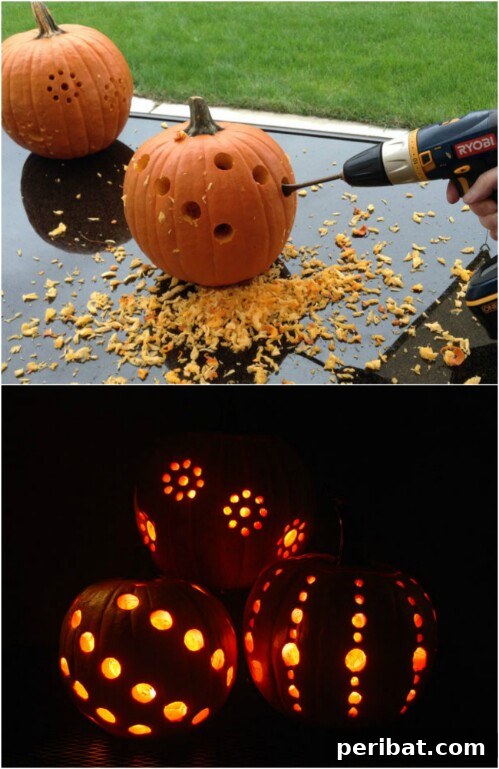 Simple Geometric Drill Patterns on pumpkins, illuminated for modern decor
