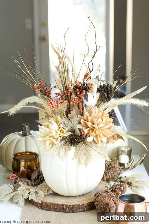 Vibrant Fall Flower Arrangement in a pumpkin vase, featuring leaves and pinecones